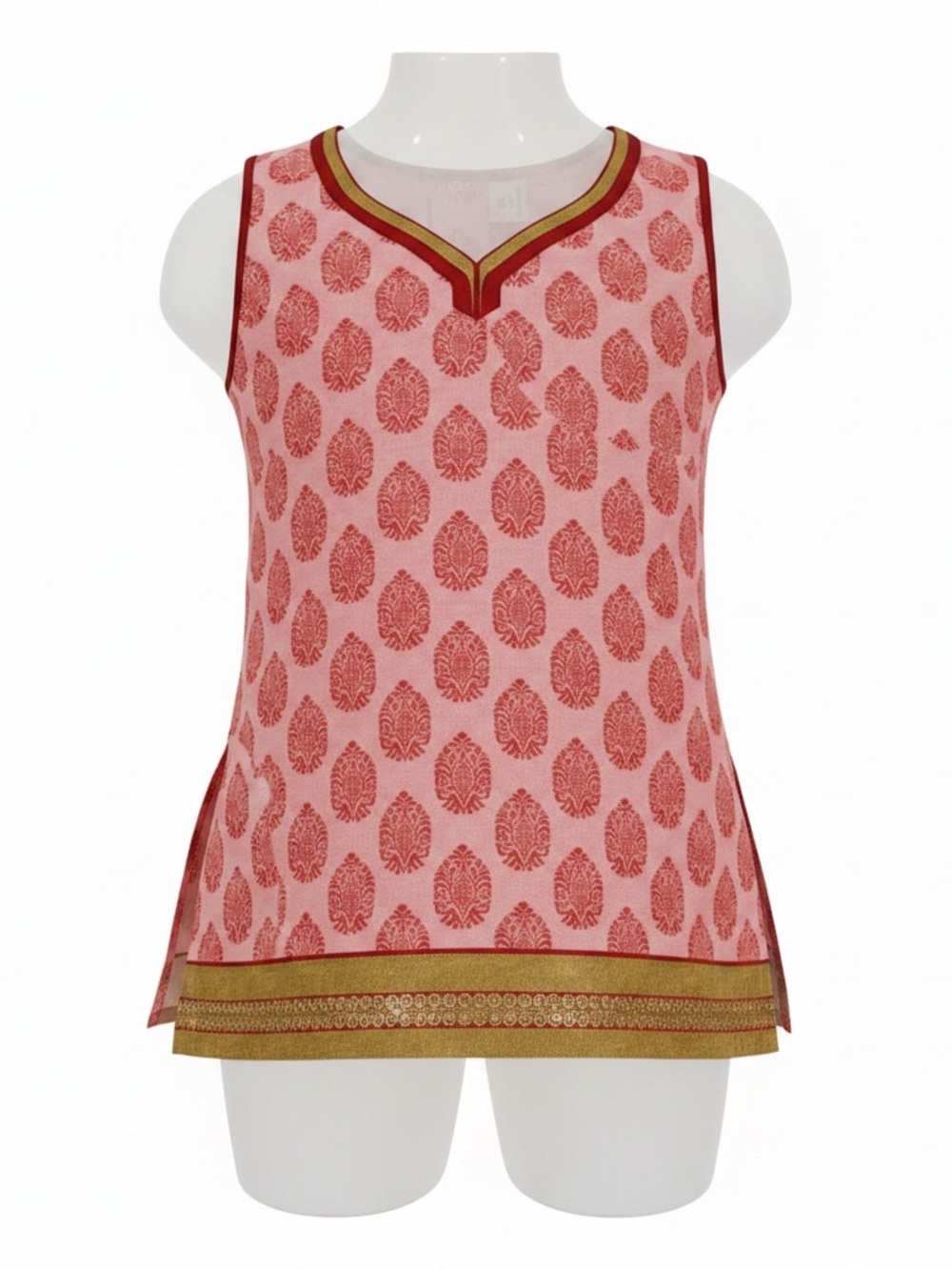 Printed Pink & Red  silk Sleeveless Tunic Tank with‎ Gold Trim